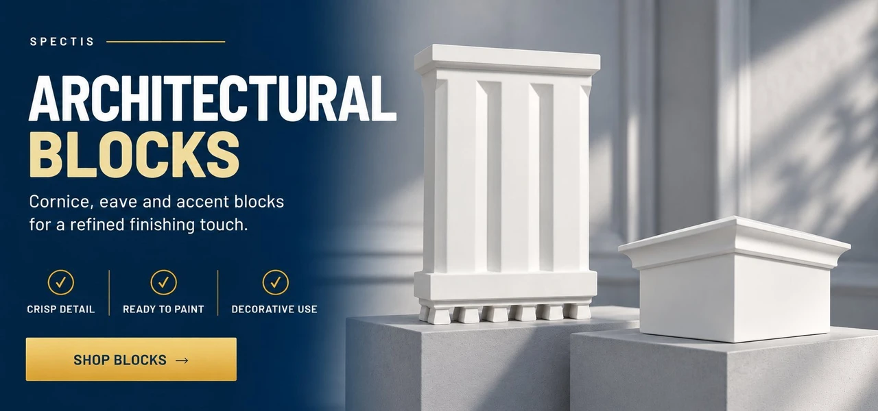 Spectis architectural blocks: white polyurethane plinth, corner and cornice blocks, primed and ready to paint