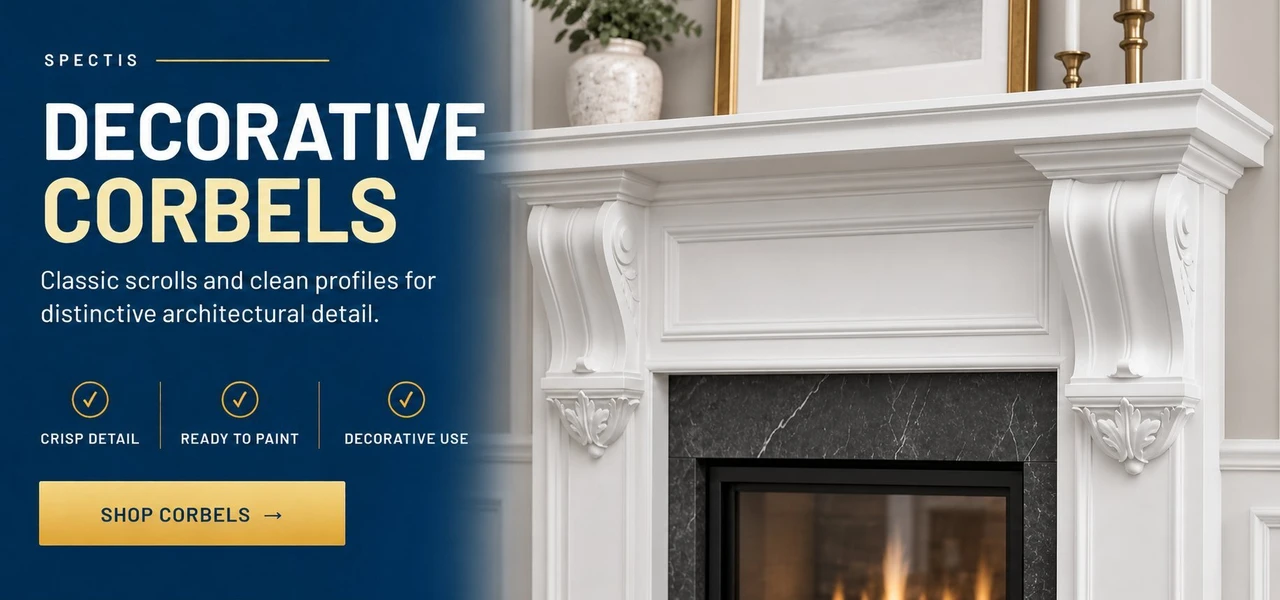 Spectis decorative corbels: white scroll corbels supporting a fireplace mantel shelf, polyurethane, primed and ready to paint