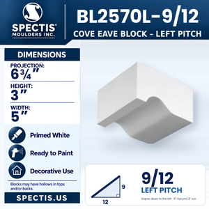 BL2570L-9/12 Cove Eave Block, left 9/12 pitch, Spectis polyurethane block, 6 3/4 in projection x 3 in high x 5 in wide