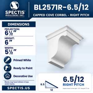 BL2571R-6.5/12 Capped Cove Corbel, right 6.5/12 pitch, Spectis polyurethane corbel, 6 1/2 in projection x 6 in high x 5 1/2 in wide