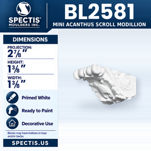 BL2581 Mini Acanthus Scroll Modillion, Spectis polyurethane modillion, 2 7/8 in projection x 1 3/8 in high x 1 3/8 in wide
