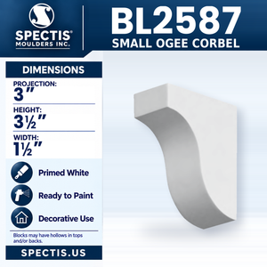 BL2587 Small Ogee Corbel, Spectis polyurethane corbel, 3 in projection x 3 1/2 in high x 1 1/2 in wide