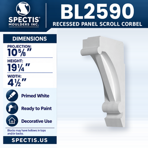 BL2590 Recessed Panel Scroll Corbel, Spectis polyurethane corbel, 10 5/8 in projection x 19 1/4 in high x 4 1/2 in wide