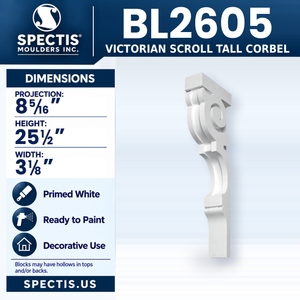 BL2605 Victorian Scroll Tall Corbel, Spectis polyurethane corbel, 8 5/16 in projection x 25 1/2 in high x 3 1/8 in wide
