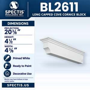 BL2611 Long Capped Cove Cornice Block, Spectis polyurethane block, 20 3/8 in projection x 4 1/2 in high x 4 3/8 in wide