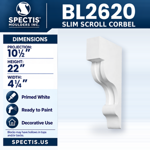BL2620 Slim Scroll Corbel, Spectis polyurethane corbel, 10 1/2 in projection x 22 in high x 4 1/4 in wide