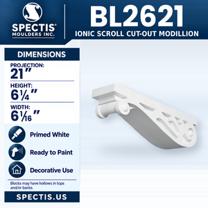 BL2621 Ionic Scroll Cut-Out Modillion, Spectis polyurethane modillion, 21 in projection x 6 1/4 in high x 6 1/16 in wide