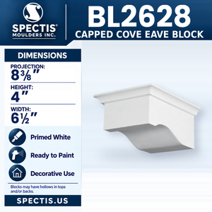 BL2628 Capped Cove Eave Block, Spectis polyurethane block, 8 3/8 in projection x 4 in high x 6 1/2 in wide