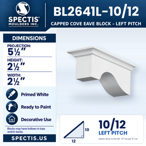 BL2641L-10/12 Capped Cove Eave Block, left 10/12 pitch, Spectis polyurethane block, 5 1/2 in projection x 2 1/2 in high x 2 1/2 in wide