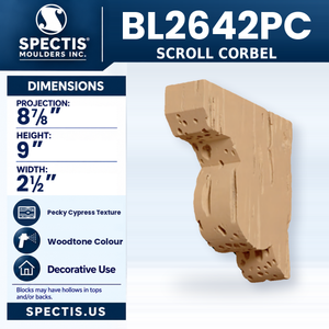 BL2642PC Scroll Corbel, Spectis polyurethane corbel with pecky cypress texture in woodtone colour, 8 7/8 in projection x 9 in high x 2 1/2 in wide