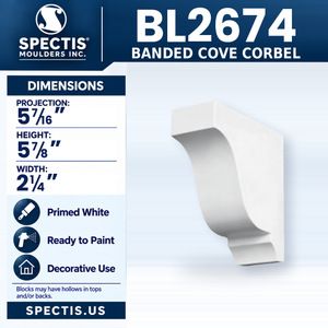BL2674 Banded Cove Corbel, Spectis polyurethane corbel, 5 7/16 in projection x 5 7/8 in high x 2 1/4 in wide