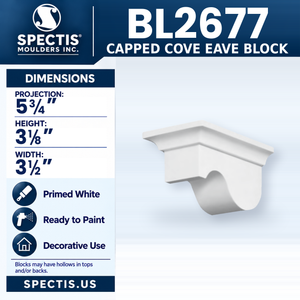 BL2677 Capped Cove Eave Block, Spectis polyurethane block, 5 3/4 in projection x 3 1/8 in high x 3 1/2 in wide