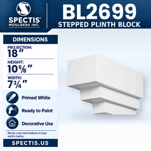 BL2699 Stepped Plinth Block, Spectis polyurethane block, 18 in projection x 10 5/8 in high x 7 3/4 in wide
