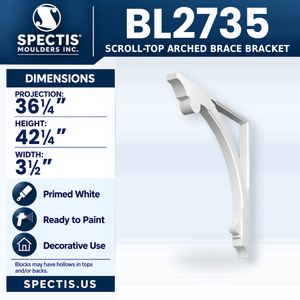 BL2735 Scroll-Top Arched Brace Bracket, Spectis polyurethane bracket, 36 1/4 in projection x 42 1/4 in high x 3 1/2 in wide
