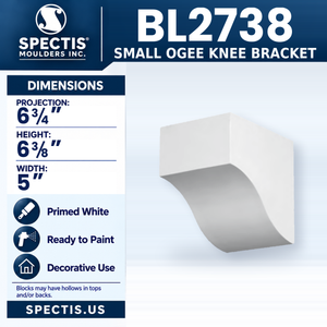 BL2738 Small Ogee Knee Bracket, Spectis polyurethane bracket, 6 3/4 in projection x 6 3/8 in high x 5 in wide