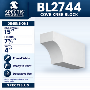 BL2744 Cove Knee Block, Spectis polyurethane block, 15 in projection x 7 3/8 in high x 4 in wide
