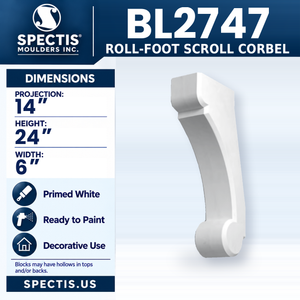 BL2747 Roll-Foot Scroll Corbel, Spectis polyurethane corbel, 14 in projection x 24 in high x 6 in wide