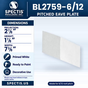 BL2759-6/12 Pitched Eave Plate, made for 6/12 roof pitch, Spectis polyurethane eave plate, 2 7/8 in projection x 1 7/8 in high x 7 3/8 in wide