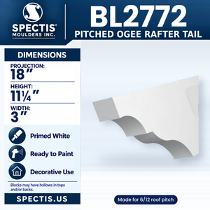 BL2772 Pitched Ogee Rafter Tail, made for 6/12 roof pitch, Spectis polyurethane rafter tail, 18 in projection x 11 1/4 in high x 3 in wide