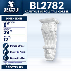 BL2782 Acanthus Scroll Tall Corbel, Spectis polyurethane corbel, 8 in projection x 29 in high x 12 in wide
