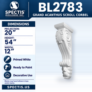 BL2783 Grand Acanthus Scroll Corbel, Spectis polyurethane corbel, 20 in projection x 54 in high x 12 in wide