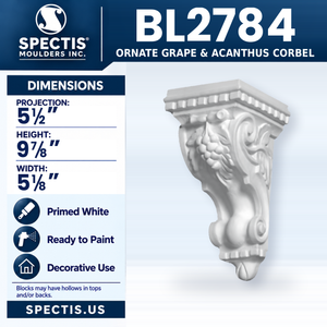 BL2784 Ornate Grape & Acanthus Corbel, Spectis polyurethane corbel, 5 1/2 in projection x 9 7/8 in high x 5 1/8 in wide