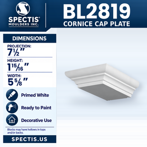 BL2819 Cornice Cap Plate, Spectis polyurethane cap plate, 7 1/2 in projection x 1 15/16 in high x 5 5/8 in wide
