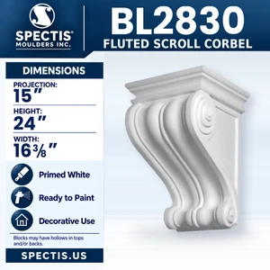 BL2830 Fluted Scroll Corbel, Spectis polyurethane corbel, 15 in projection x 24 in high x 16 3/8 in wide