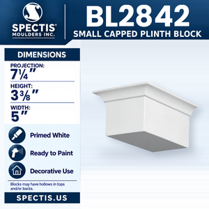 BL2842 Small Capped Plinth Block, Spectis polyurethane block, 7 1/4 in projection x 3 3/8 in high x 5 in wide