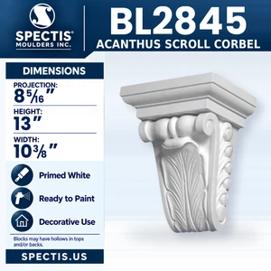 BL2845 Acanthus Scroll Corbel, Spectis polyurethane corbel, 8 5/16 in projection x 13 in high x 10 3/8 in wide