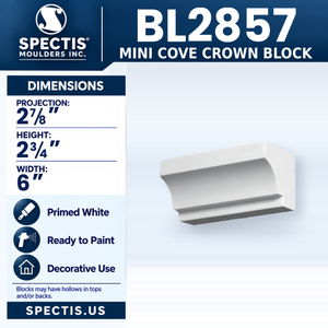 BL2857 Mini Cove Crown Block, Spectis polyurethane block, 2 7/8 in projection x 2 3/4 in high x 6 in wide