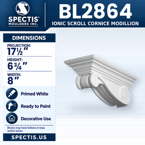 BL2864 Ionic Scroll Cornice Modillion, Spectis polyurethane modillion, 17 1/2 in projection x 6 3/4 in high x 8 in wide