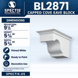 BL2871 Capped Cove Eave Block, Spectis polyurethane block, 9 1/2 in projection x 5 3/4 in high x 5 3/4 in wide