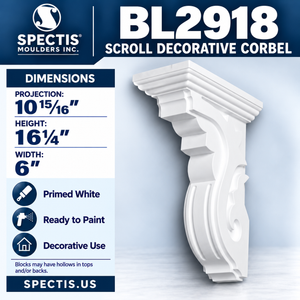BL2918 Scroll Decorative Corbel 6"W x 16.25"H x 10.9375"P