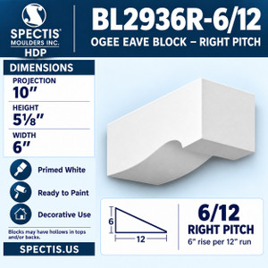 BL2936R-6/12 Ogee Eave Block – Right Pitch 6"W x 5.125"H x 10"P