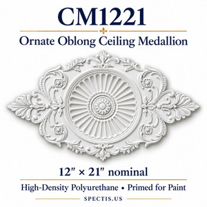 CM1221 ornate oblong HDP ceiling medallion with recessed spoon-like radial flutes, central rosette and scrollwork; primed white; 12 x 21 inches nominal.