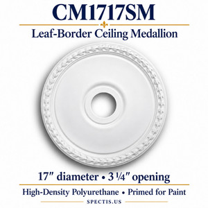 CM1717SM leaf-border HDP ceiling medallion, primed white; 17-inch diameter, 3 1/4-inch opening per current manufacturer specification.