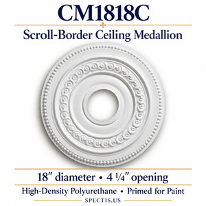 CM1818C scroll-border ceiling medallion, white primed HDP; 18″ diameter; 4¼″ center opening.