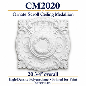 CM2020 ornate scroll ceiling medallion, white primed HDP; 20¾″ overall.