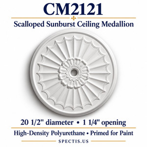 CM2121 scalloped sunburst ceiling medallion, white primed HDP; 20½″ diameter; 1¼″ center opening.