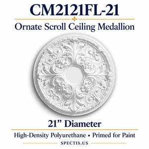 CM2121FL-21 ornate scroll ceiling medallion, white primed high-density polyurethane; 21" Diameter. Product illustration.