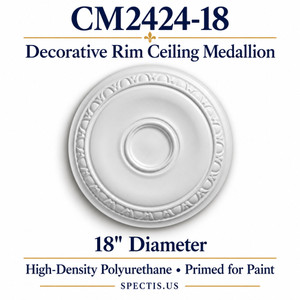 CM2424-18 decorative rim ceiling medallion, white primed high-density polyurethane; 18" Diameter. Product illustration.