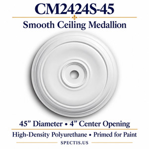 CM2424S-45 smooth ceiling medallion, white primed high-density polyurethane; 45" Diameter • 4" Center Opening. Product illustration.