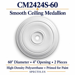 CM2424S-60 smooth ceiling medallion, white primed high-density polyurethane; 60" Diameter • 4" Opening • 2 Pieces. Product illustration.