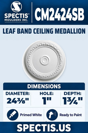 Spectis CM2424SB leaf band ceiling medallion, 24 3/8 inch with 1 inch center hole, 1 3/4 inch depth, primed polyurethane