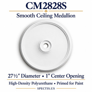 CM2828S smooth ceiling medallion, white primed high-density polyurethane; 27½" Diameter • 1" Center Opening. Product illustration.