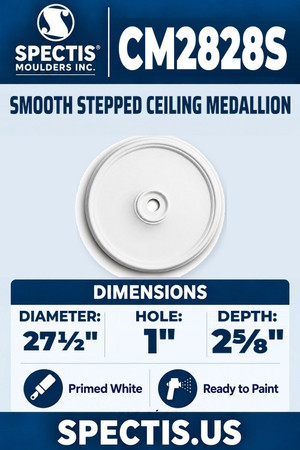 Spectis CM2828S smooth stepped ceiling medallion, 27 1/2 inch with 1 inch center hole, 2 5/8 inch depth, primed polyurethane