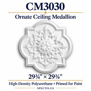 CM3030 ornate ceiling medallion, white primed high-density polyurethane; 29¾" × 29¾". Product illustration.