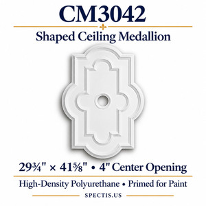 CM3042 shaped ceiling medallion, white primed high-density polyurethane; 29¾" × 41⅝" • 4" Center Opening. Product illustration.