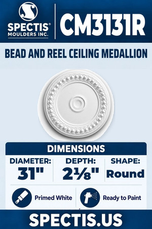 Spectis CM3131R bead and reel ceiling medallion, 31 inch, 2 1/8 inch depth, primed polyurethane